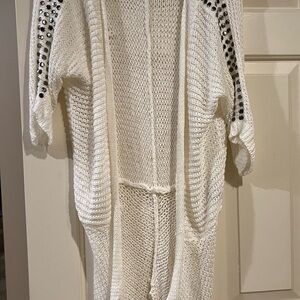 BCBG Max Azria White Loosely Knit Cardigan with Metal Accents L